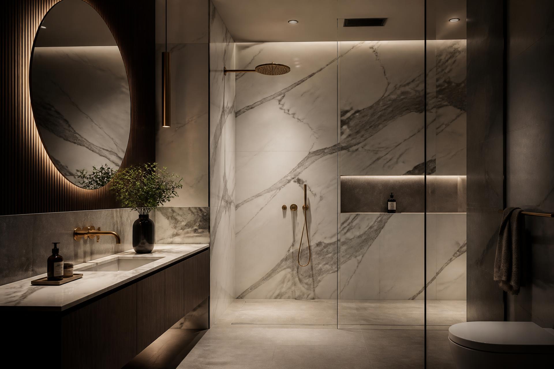 Luxury marble bathroom with brass fixtures by Veleciku Construction
